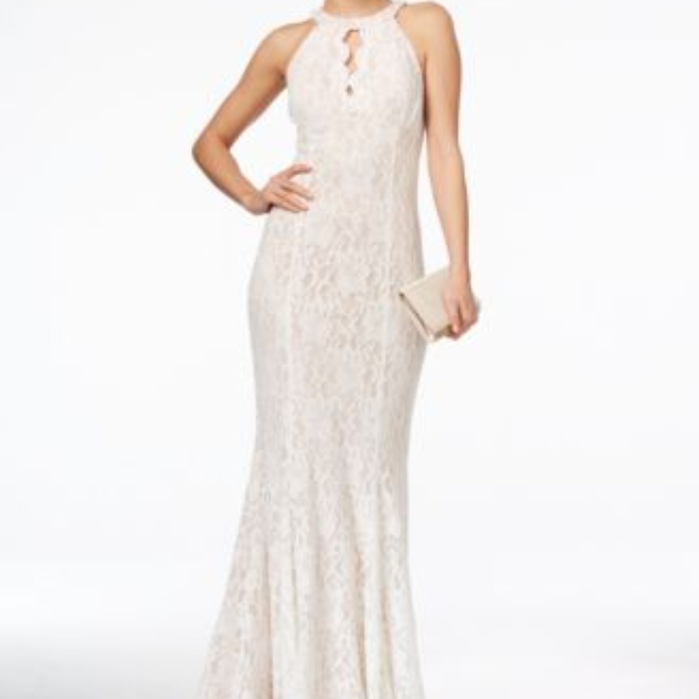 White Lace Prom Dress With Glitter Halter Keyhole